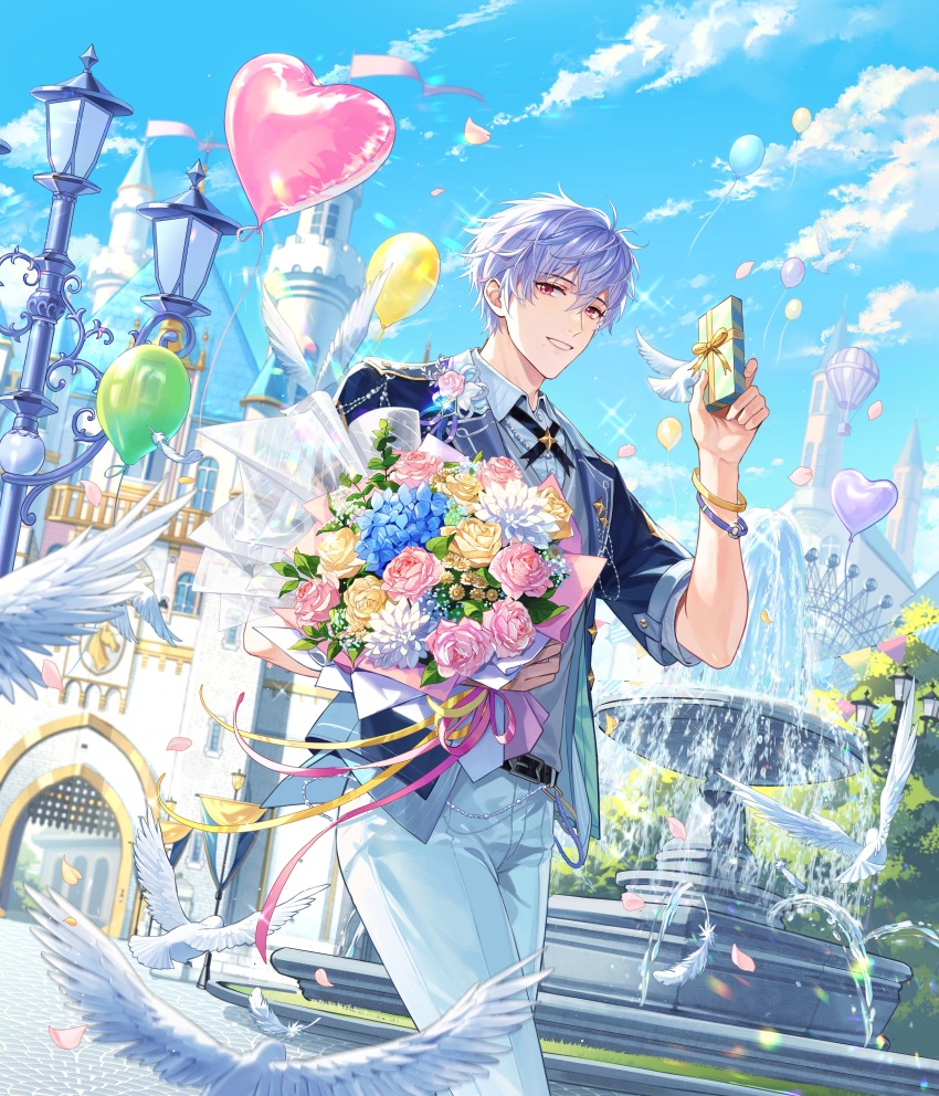 1boy, absurdres, aircraft, architecture, balloon, belt, belt_buckle, bird