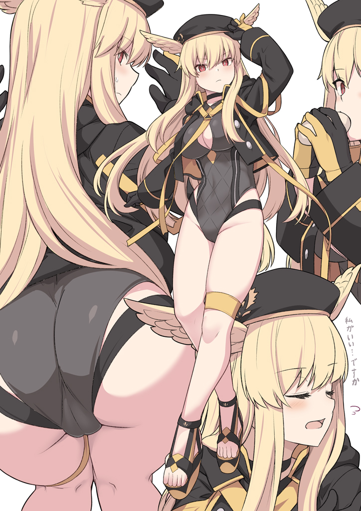 1girl, ass, beret, black_gloves, black_headwear, black_jacket, black_one-piece_swimsuit, blonde_hair, breasts, cameltoe, choker, cleavage, cleavage_cutout, closed_eyes, clothing_cutout, eating, fate/grand_order, fate_(series), full_body, gloves, hat, head_wings, highleg, highleg_one-piece_swimsuit, hood, hooded_jacket, jacket, large_breasts, long_hair, long_sleeves, looking_at_viewer, multiple_views, one-piece_swimsuit, open_clothes, open_jacket, open_mouth, red_eyes, sandals, shiseki_hirame, sidelocks, swimsuit, thighs, thrud_(fate), thrud_(swimsuit_assassin)_(fate), translation_request, valkyrie_(fate), wings