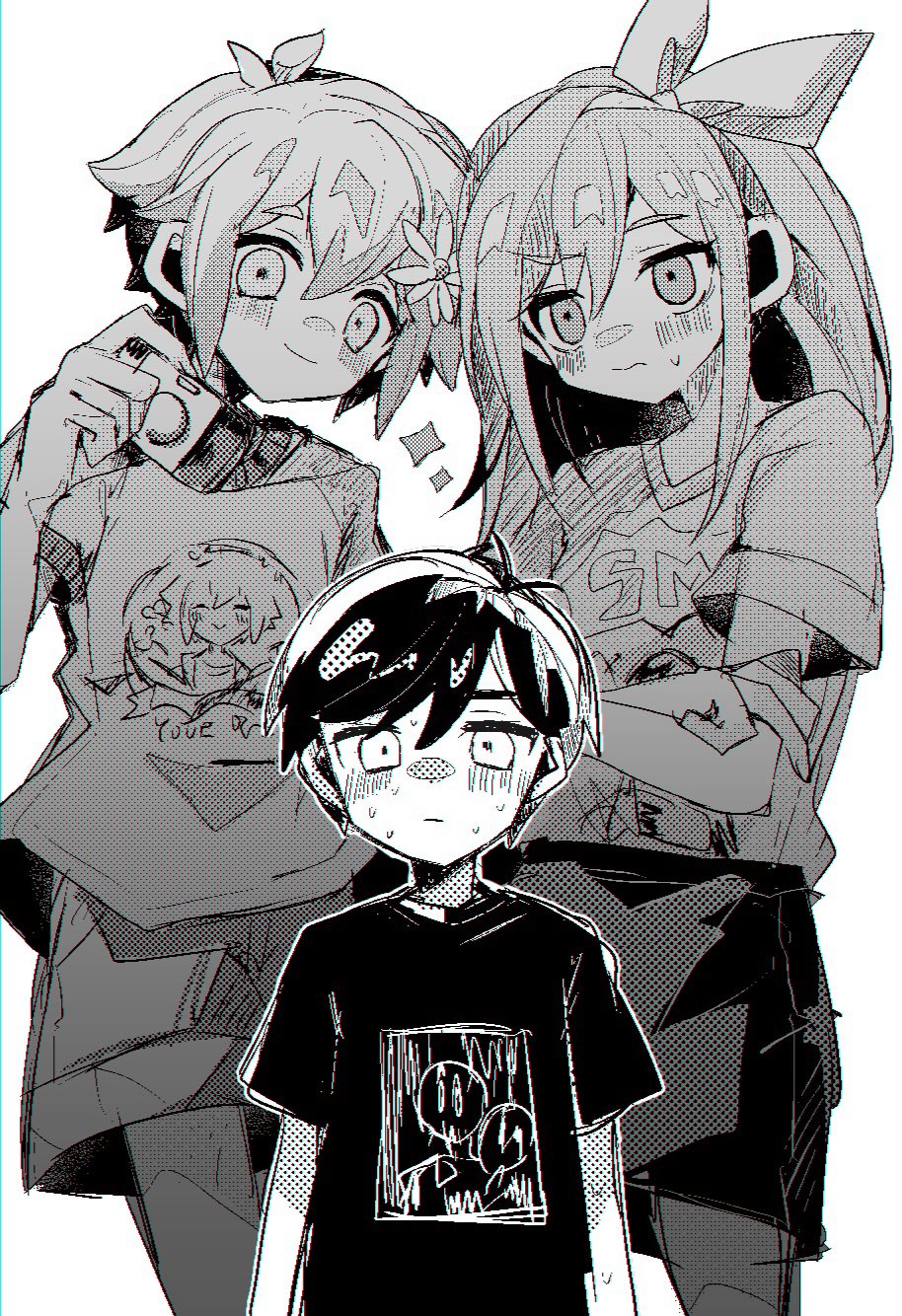 1girl, 2boys, aubrey_(faraway)_(omori), aubrey_(omori), basil_(faraway)_(omori), basil_(omori), blush, camera