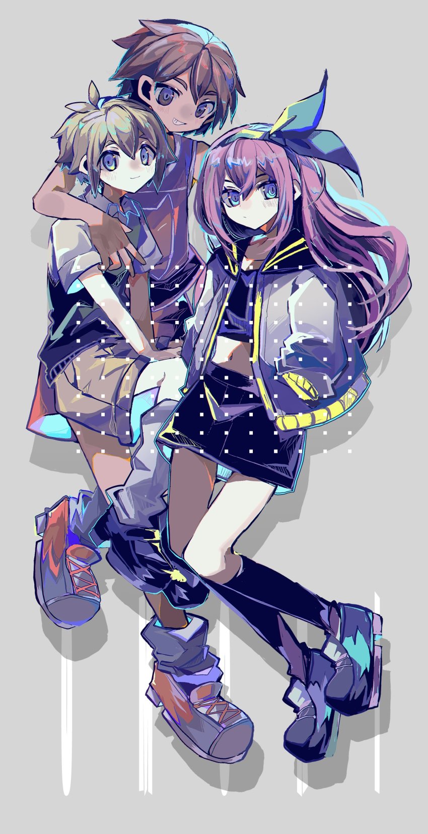 1girl, 2boys, absurdres, aubrey_(faraway)_(omori), aubrey_(omori), basil_(faraway)_(omori), basil_(omori), black_socks