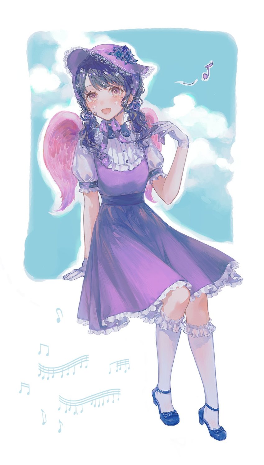 1girl, :d, angel_wings, asymmetrical_bangs, black_footwear, black_hair, buttons, cloud, commentary, cross, cross_print, curly_hair, dress, english_commentary, feathered_wings, flower, frilled_dress, frilled_socks, frills, fukumaru_koito, gloves, hair_ornament, hand_up, hat, hat_flower, highres, idolmaster, idolmaster_shiny_colors, invisible_chair, kkuang, kneehighs, light_blush, long_hair, looking_at_viewer, musical_note, open_mouth, outline, pink_wings, platform_footwear, platform_heels, purple_dress, purple_flower, purple_hat, short_sleeves, short_twintails, sitting, sky, sleeve_cuffs, smile, socks, solo, star_(symbol), star_hair_ornament, twintails, white_gloves, white_socks, wings