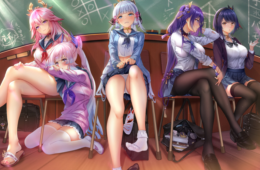 5girls, :o, alternate_costume, animal_ears, ayaka_(genshin_impact), bag, bare_legs, black_bag, black_bow, black_bowtie, black_footwear, black_neckerchief, black_pantyhose, black_ribbon, black_sailor_collar, black_skirt, black_thighhighs, blue_cardigan, blue_eyes, blue_hair, blue_skirt, blunt_bangs, blunt_tresses, blush, bow, bow-shaped_hair, bowtie, braid, breasts, cardigan, chair, chalkboard, chinese_knot, choker, classroom, closed_mouth, clothes_lift, colored_tips, crop_top, crossed_legs, dark_blue_hair, dress_shirt, embarrassed, fisheye, floppy_ears, flower_knot, foot_out_of_frame, foot_up, fox_ears, fox_mask, frilled_skirt, frills, genshin_impact, hair_ornament, hair_ribbon, hand_on_another's_head, hand_on_own_thigh, hand_up, head_rest, head_wings, highres, indoors, jacket, kousaki_natsu, kujou_sara, large_breasts, leaning_on_person, lifting_own_clothes, loafers, long_hair, long_sleeves, looking_at_another, looking_at_viewer, low_ponytail, mask, mask_on_head, medium_breasts, midriff, miniskirt, mole, mole_under_eye, multicolored_hair, multiple_girls, nail_polish, neckerchief, on_chair, on_floor, open_bag, open_clothes, open_jacket, orange_eyes, panties, pantyhose, parted_lips, pink_eyes, pink_shirt, pleated_skirt, ponytail, purple_eyes, purple_jacket, purple_neckerchief, raiden_shogun, raised_eyebrows, red_neckerchief, ribbon, sailor_collar, sangonomiya_kokomi, school_bag, school_uniform, serafuku, shirt, shirt_tucked_in, shoes, short_hair, sidelocks, sitting, skirt, skirt_lift, sleeves_rolled_up, slippers, smile, socks, swept_bangs, taut_clothes, taut_shirt, tengu_mask, thighhighs, thighs, tic-tac-toe, toenail_polish, toenails, toes, tress_ribbon, underwear, unworn_shoes, very_long_hair, vision_(genshin_impact), white_footwear, white_hair, white_shirt, white_socks, white_thighhighs, wings, wooden_floor, yae_miko, zettai_ryouiki
