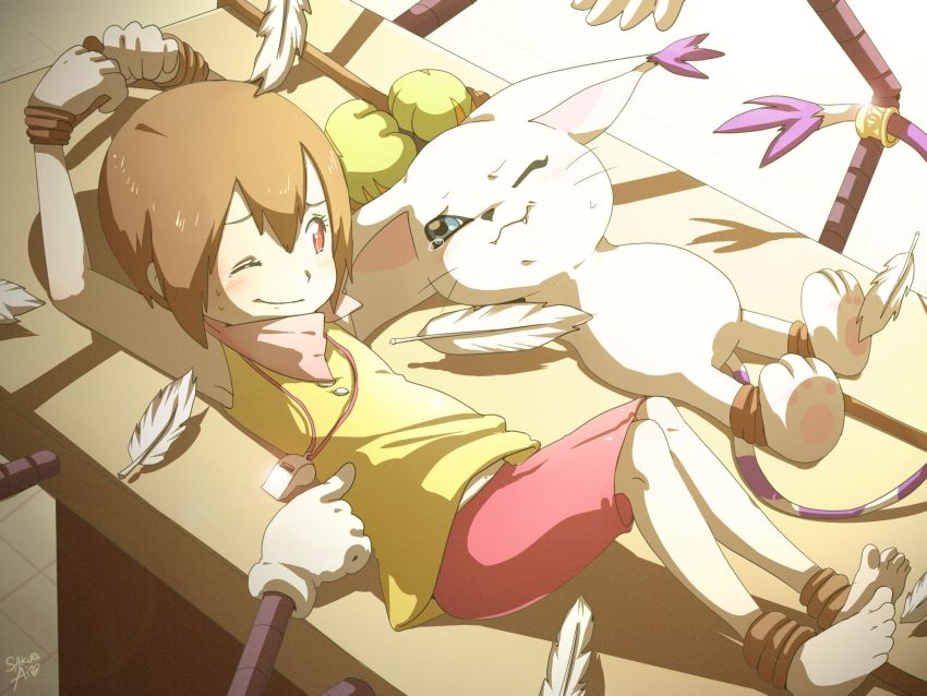 2girls, animal_hands, barefoot, brown_hair, digimon, digimon_adventure_02, feathers, from_above, furry, furry_female, gloves, highres, loli, multiple_girls, one_eye_closed, orange_eyes, paw_gloves, pawpads, pink_scarf, pink_shorts, restrained, scarf, shorts, soles, tailmon, tank_top, tickle_machine, tickle_torture, tickling, toes, whistle, whistle_around_neck, yagami_hikari, yellow_tank_top