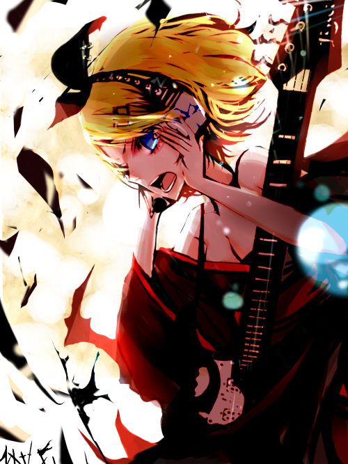 1girl, blonde_hair, blue_eyes, electric_guitar, female_focus, guitar, hair_ornament, hair_ribbon