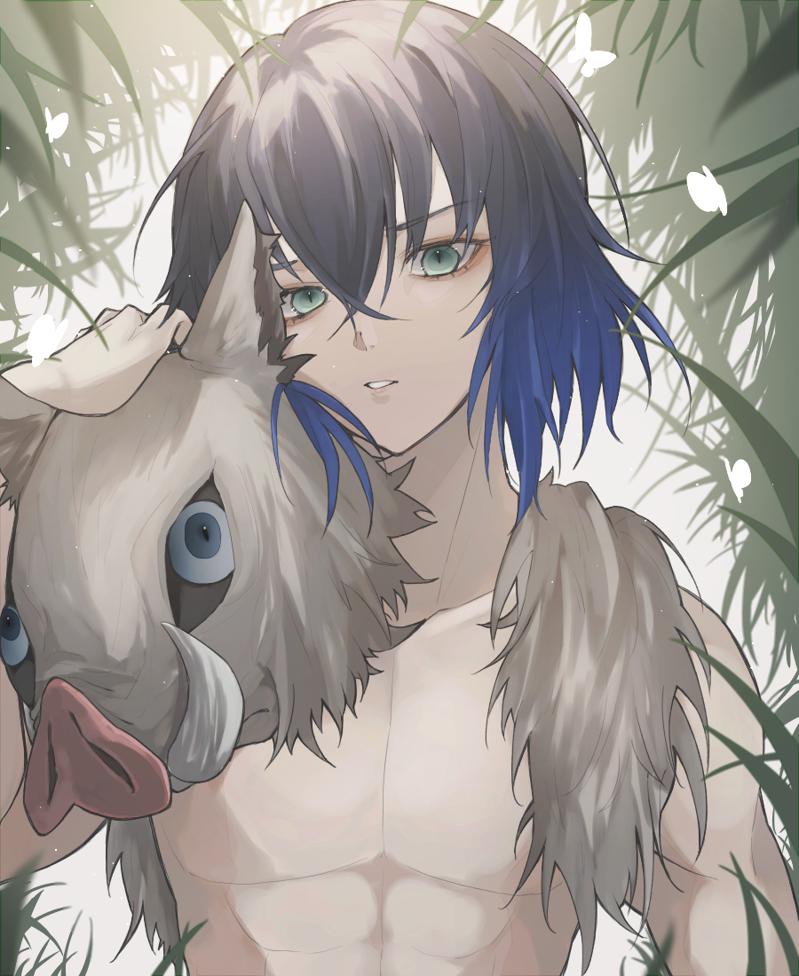 1boy, animal, aqua_eyes, bad_id, bad_pixiv_id, bare_shoulders, black_hair, blue_eyes