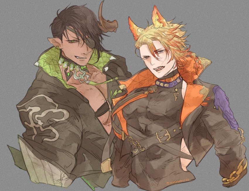 2boys, animal_ears, aragami_oga, axel_syrios, belt, belt_buckle, black_belt, black_collar
