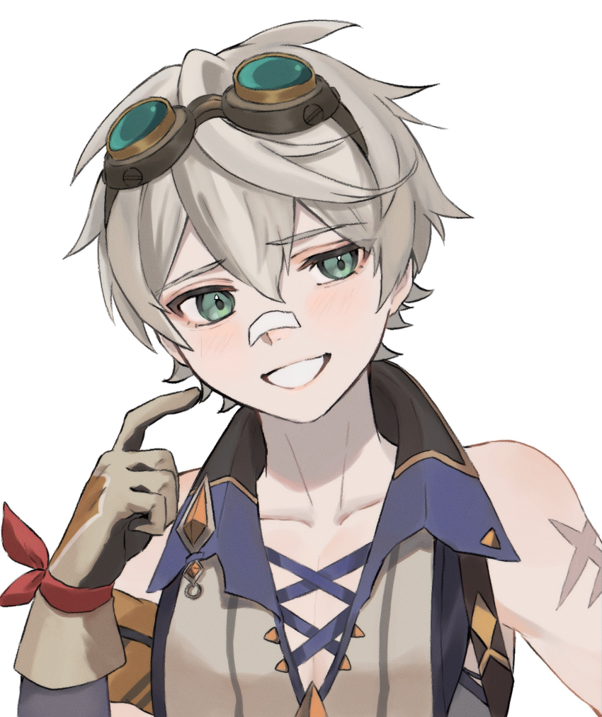 1boy, armband, bandaid, bandaid_on_face, bandaid_on_nose, bare_shoulders, bennett_(genshin_impact), blush