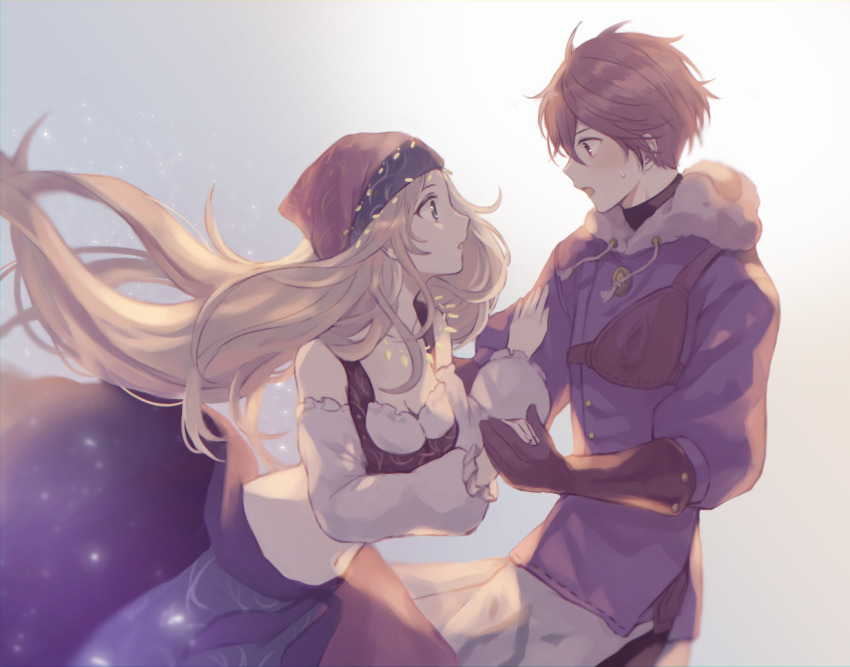 1boy, 1girl, blonde_hair, blue_eyes, breasts, brown_eyes, brown_hair, bustier, cleavage, gloves, headscarf, leather, leather_gloves, long_hair, looking_at_another, lynette_(octopath_traveler), medium_breasts, midriff, miles_(octopath_traveler), navel, octopath_traveler, octopath_traveler:_champions_of_the_continent, open_mouth, short_hair, very_long_hair, wspread