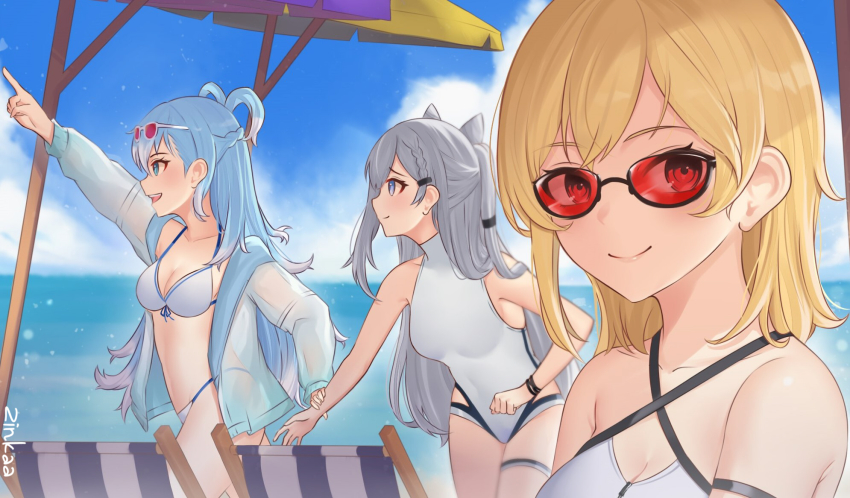 3girls, alternate_costume, artist_name, beach, bikini, blonde_hair, blue_hair, breasts