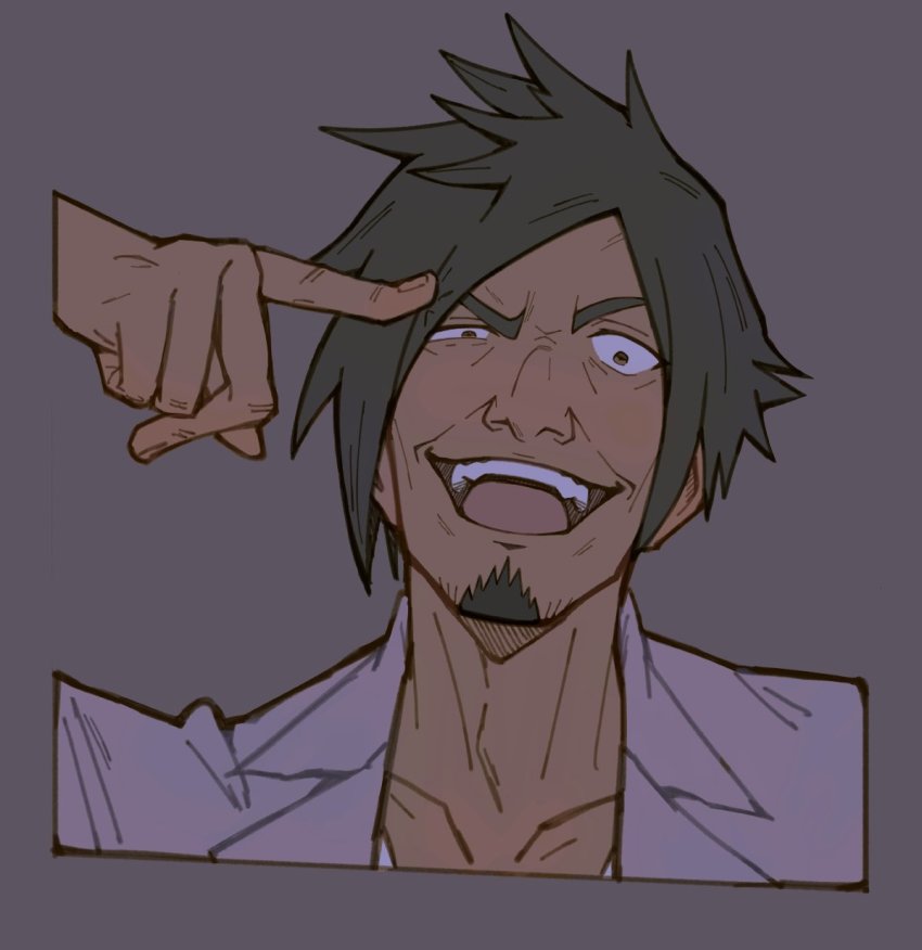 1boy, beard, black_hair, collarbone, dark-skinned_male, dark_skin, evil_smile, facial_hair