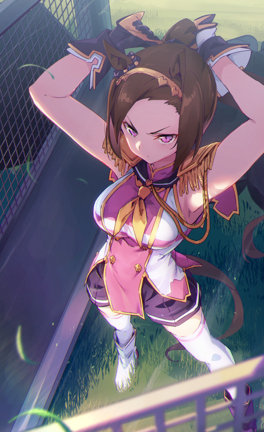 1girl, absurdres, animal_ears, armpits, asymmetrical_footwear, boots, breasts, brown_hair