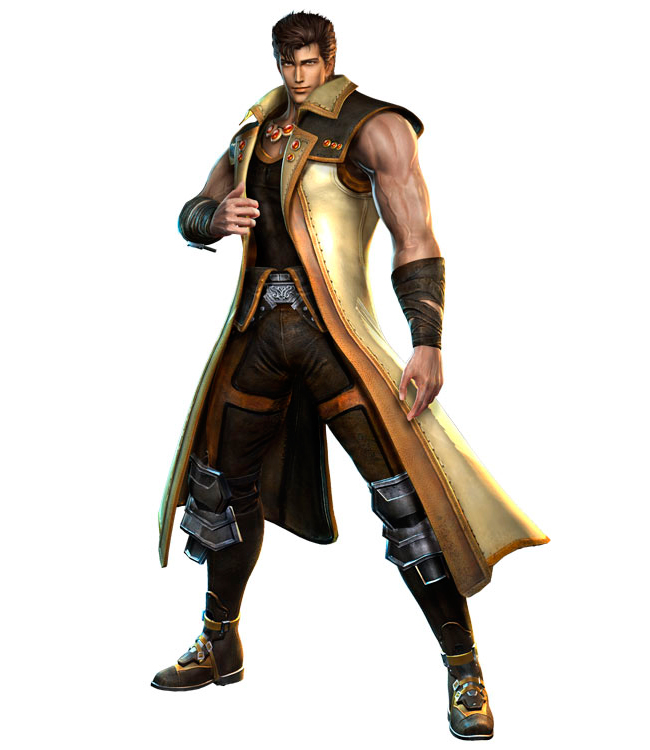 1boy, 3d, armband, armor, belt, boots, brown_hair, coat, full_body, hokuto_musou, hokuto_no_ken, juza, knee_pads, male_focus, manly, muscular, official_art, simple_background, sleeveless, sleeveless_jacket, solo, standing, trench_coat, white_background