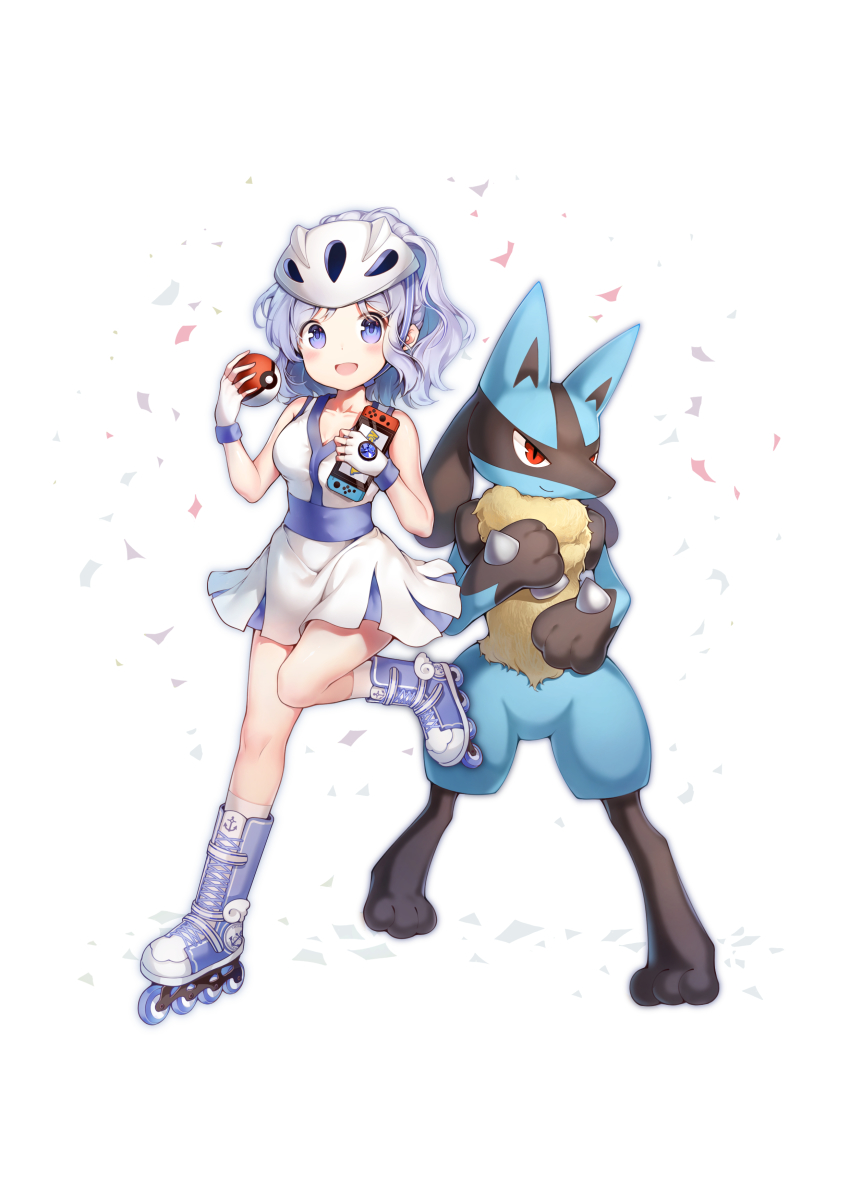 1girl, absurdres, gen_4_pokemon, helmet, highres, lucario, nintendo, poke_ball