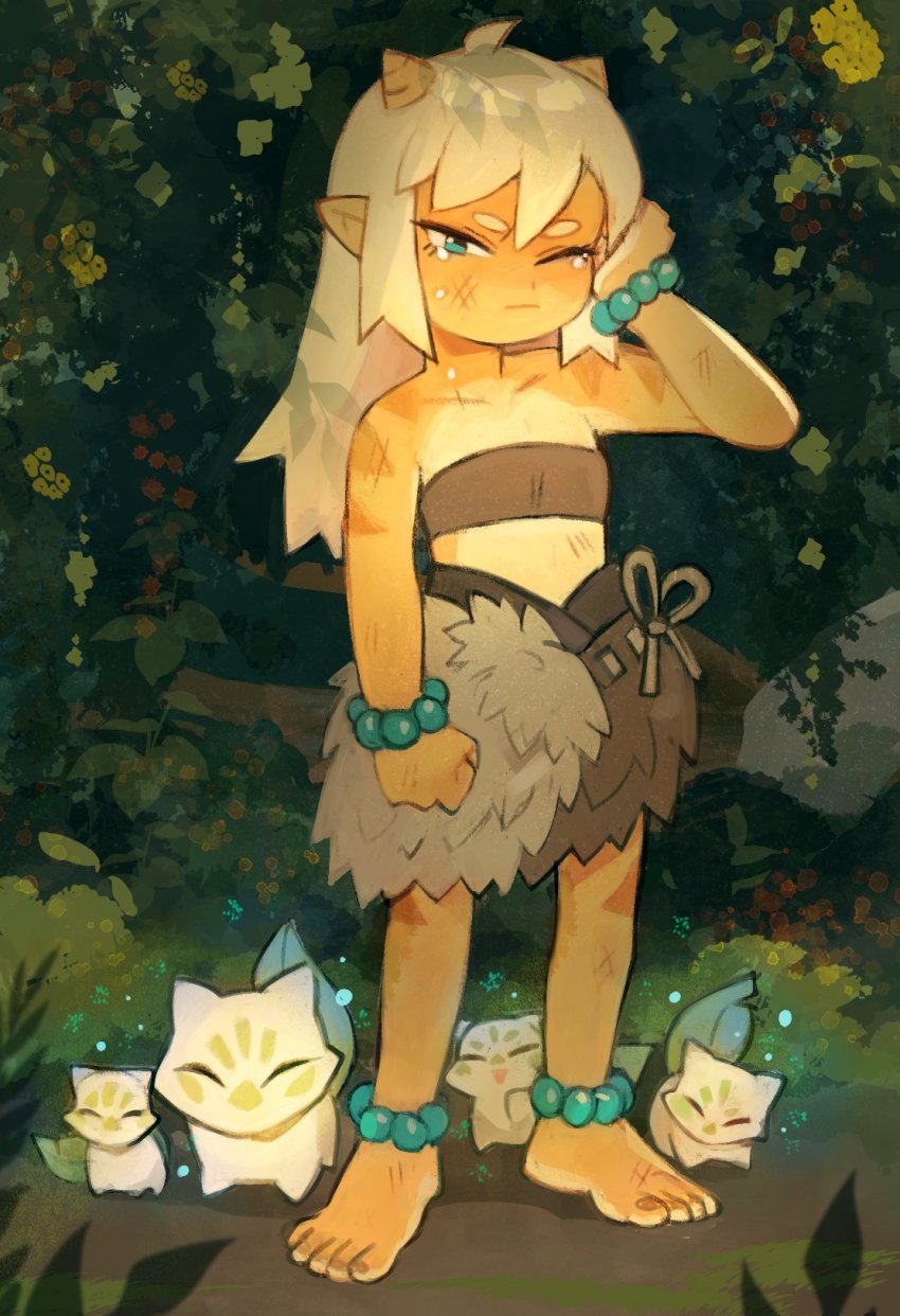 1girl, ahoge, ayu_(sui_(suizilla)), bandeau, barefoot, blue_eyes, bracelet, bruise