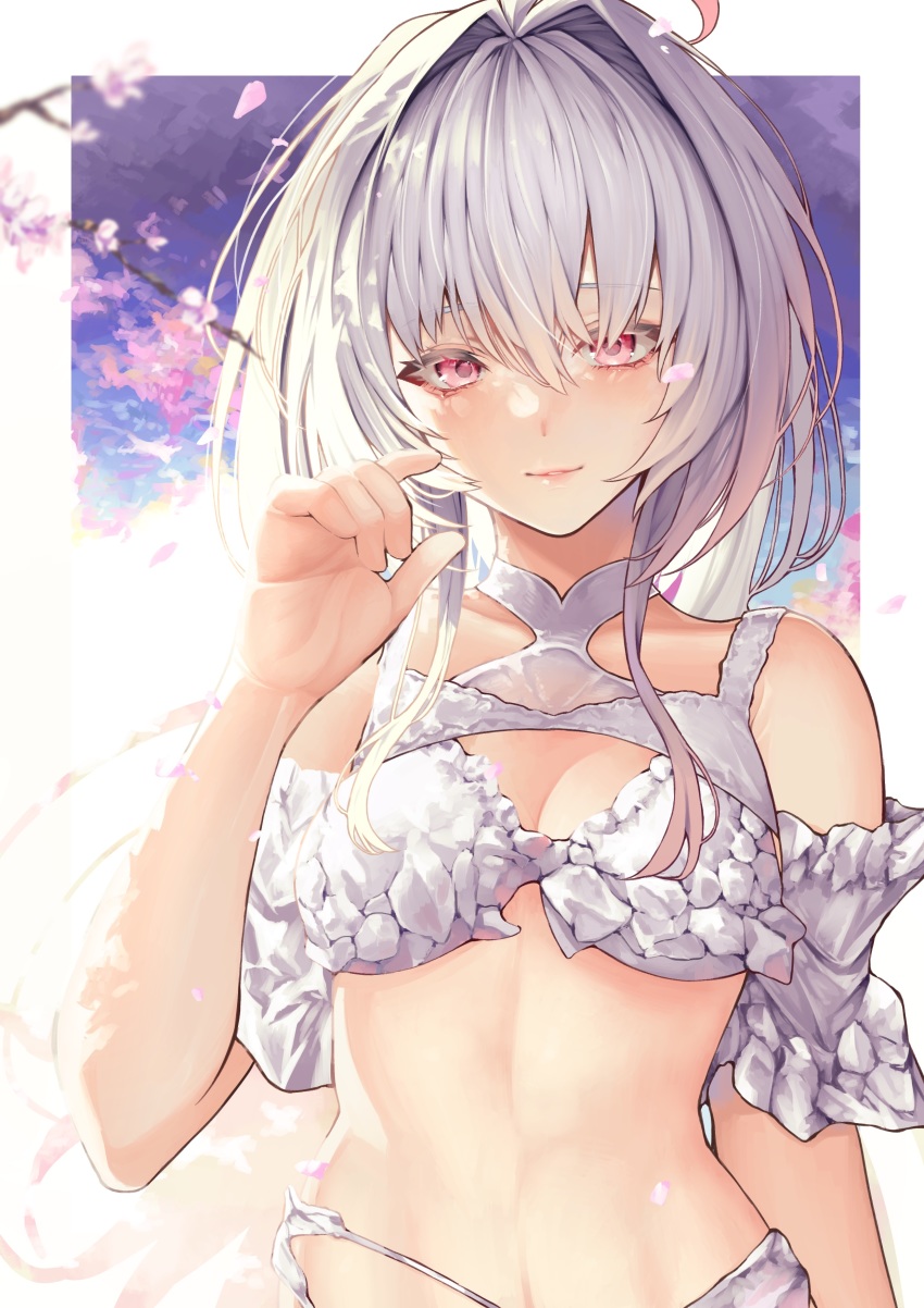 1girl, absurdres, ahoge, bikini, breasts, cherry_blossoms, fate/grand_order, fate_(series)