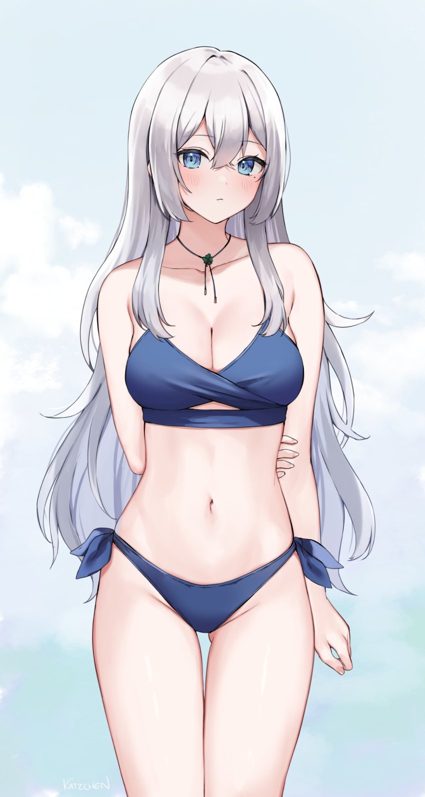 1girl, arm_behind_back, bare_shoulders, bikini, blue_bikini, blue_eyes, borrowed_character, breasts, cleavage, closed_mouth, collarbone, contrapposto, cowboy_shot, gluteal_fold, grey_hair, groin, hair_between_eyes, highres, jewelry, kaetzchen, large_breasts, light_blush, light_frown, long_hair, looking_at_viewer, medium_breasts, mole, mole_under_eye, navel, necklace, original, sanyu_(ry_thae), side-tie_bikini_bottom, sidelocks, solo, swimsuit, thigh_gap, very_long_hair