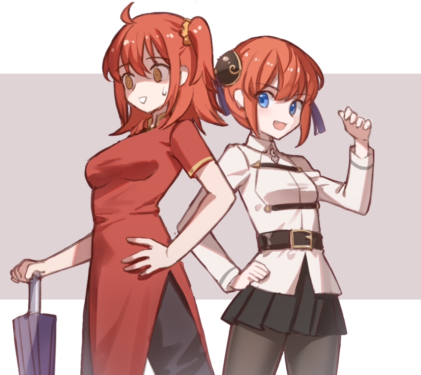2girls, ahoge, belt, black_belt, black_pantyhose, black_skirt, blue_eyes, bun_cover