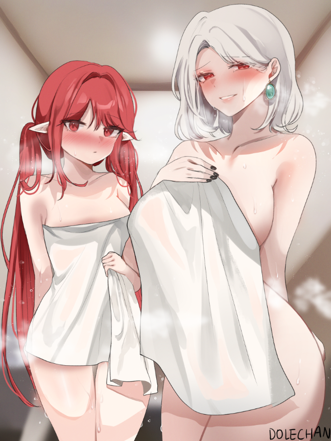 2girls, after_bathing, animal_ears, bare_shoulders, black_nails, blush, breasts, collarbone