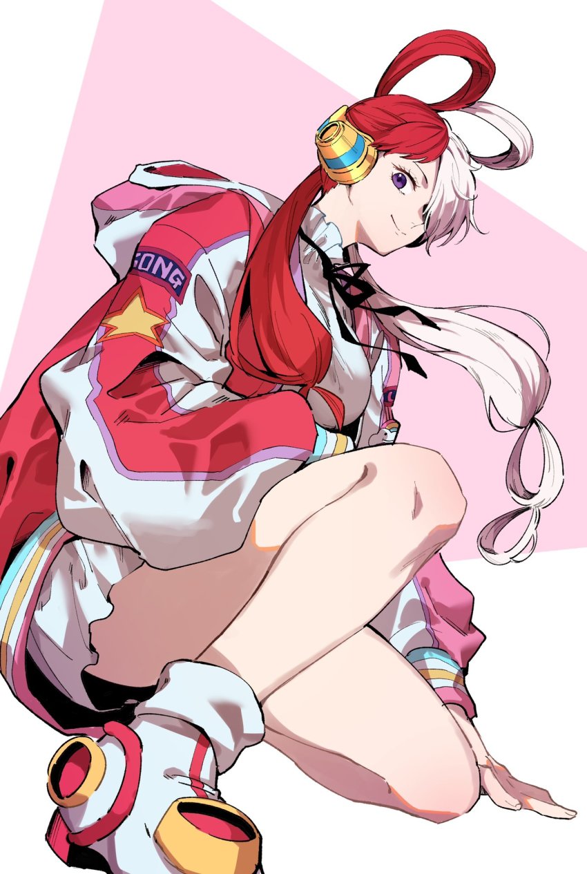 1girl, black_ribbon, boots, dress, from_below, hair_over_one_eye, hair_rings, headphones, highres, hood, hood_down, hooded_jacket, jacket, long_sleeves, looking_at_viewer, multicolored_hair, on_one_knee, one_piece, one_piece_film:_red, purple_eyes, red_hair, ribbon, short_dress, simple_background, smile, solo, sorase_(srsrs_000), star_(symbol), two-tone_hair, uta_(one_piece), white_hair