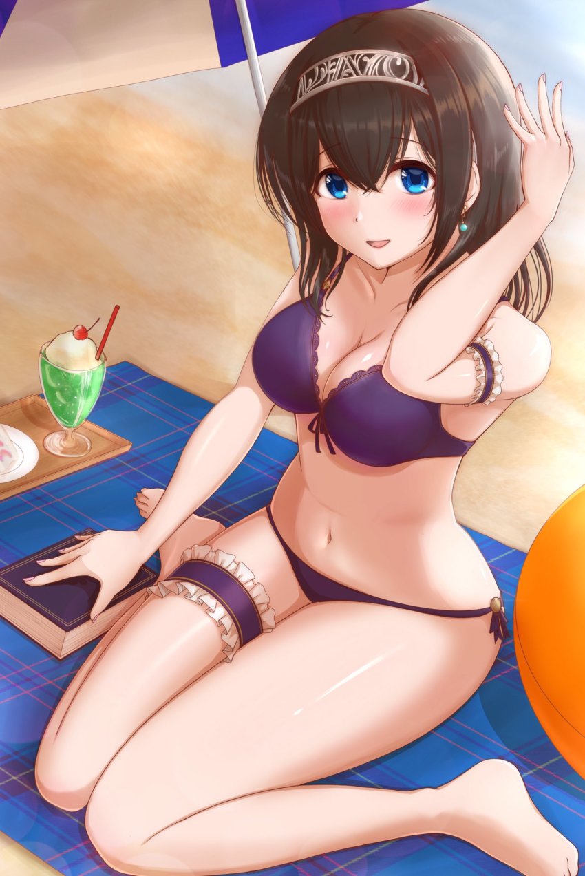 1girl, ball, beach, beachball, bikini, blush, book, breasts, cleavage, collarbone, earrings, full_body, highres, idolmaster, idolmaster_cinderella_girls, jewelry, karlp346pro, looking_at_viewer, mat, medium_breasts, navel, outdoors, parasol, purple_bikini, sagisawa_fumika, sitting, smile, solo, swimsuit, thigh_strap, umbrella, wariza