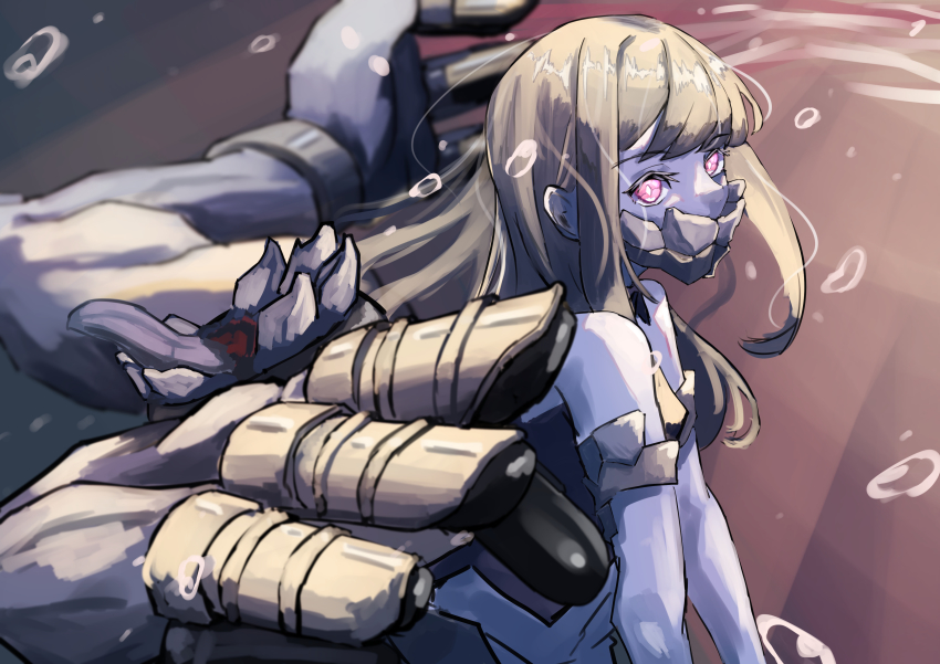 1girl, absurdres, abyssal_ship, air_bubble, black_hair, black_vest, bubble, colored_skin, extra_arms, grey_skin, highres, kantai_collection, long_hair, outer_southern_sea_destroyer_princess, pale_skin, panda_(heart_sink), purple_eyes, sidelocks, sleeveless, solo, tachi-e, torpedo, underwater, vest