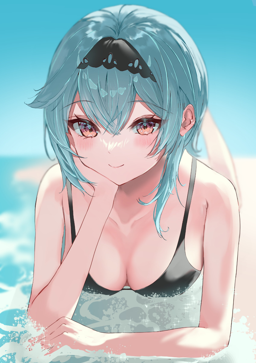 1girl, absurdres, aqua_hair, asymmetrical_hair, bare_arms, bare_shoulders, beach, bikini, black_bikini, black_hairband, blurry, blurry_background, blush, breasts, brown_eyes, cheek_rest, cleavage, closed_mouth, crossed_bangs, eula_(genshin_impact), feet_up, genshin_impact, hairband, highres, looking_at_viewer, lying, medium_breasts, medium_hair, ocean, on_stomach, sand, sidelocks, smile, solo, swimsuit, syotaisverycute, water