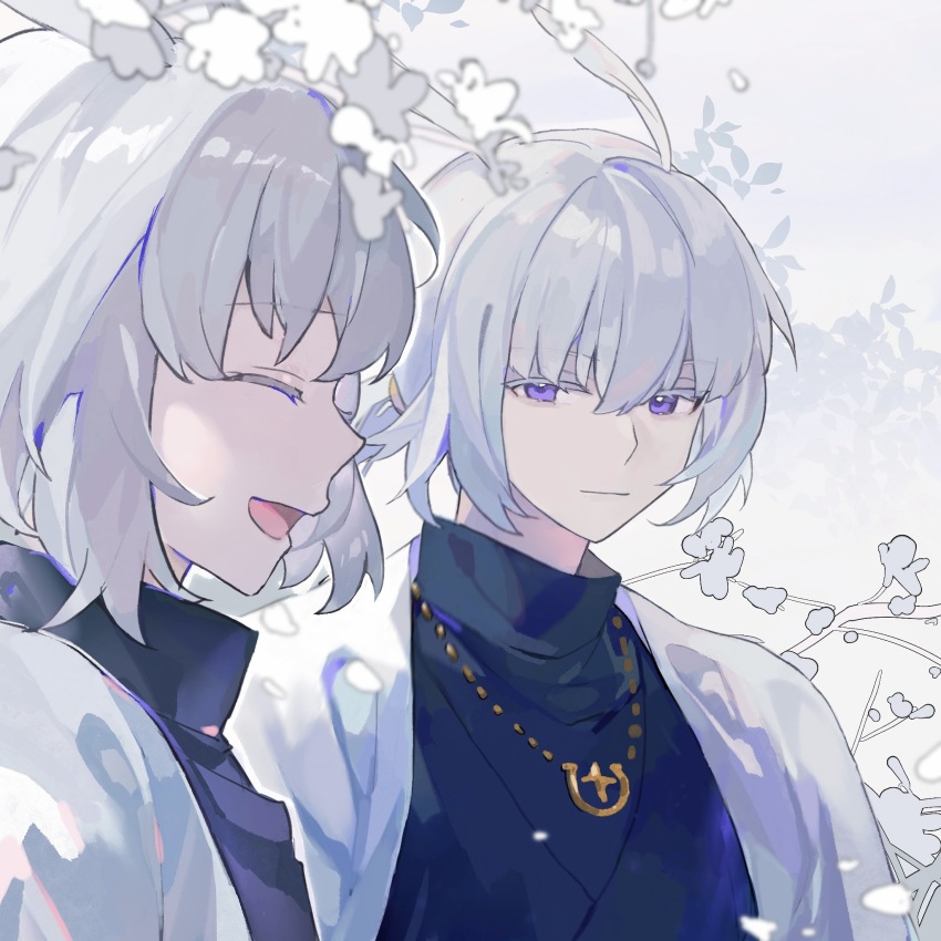 2boys, bai_xiao, bishounen, cape, flower, grey_hair, highres, male_focus