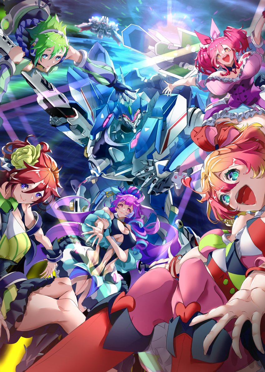 5girls, absurdres, black_dress, black_gloves, blonde_hair, blue_eyes, blue_hair, bracelet