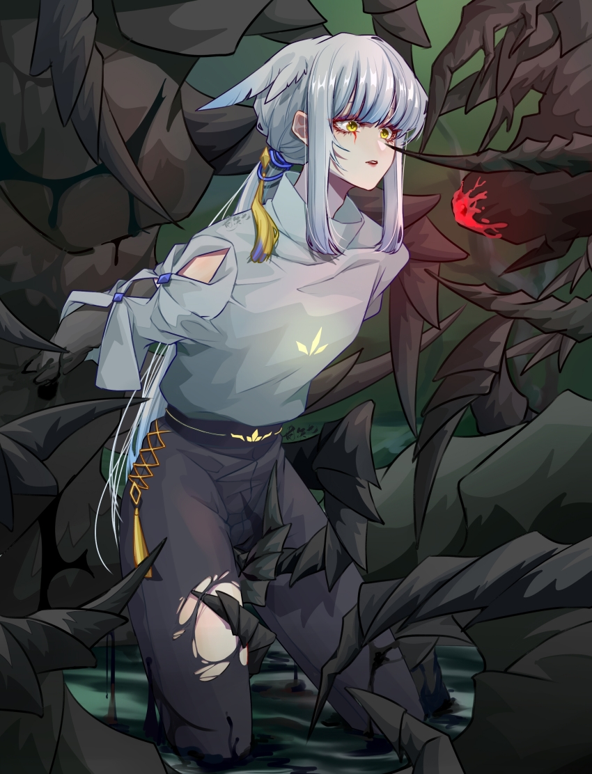 1boy, absurdres, clothing_cutout, dragon, ganshijiu, grey_hair, highres, jewelry