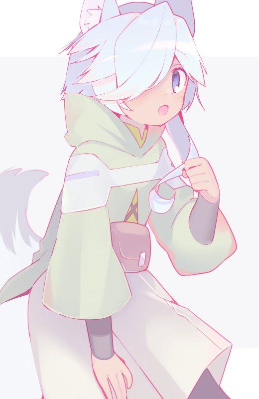 1boy, 2y_(tsuyu), animal_ears, blue_eyes, clenched_hand, dark-skinned_male, dark_skin, fox_boy, fox_ears, fox_tail, green_hoodie, grey_shorts, gundam, gundam_build_divers, gundam_build_divers_re:rise, hair_over_one_eye, hood, hoodie, male_focus, one_eye_closed, open_mouth, parviz_(gundam_build_divers_re:rise), pouch, shorts, solo, tail