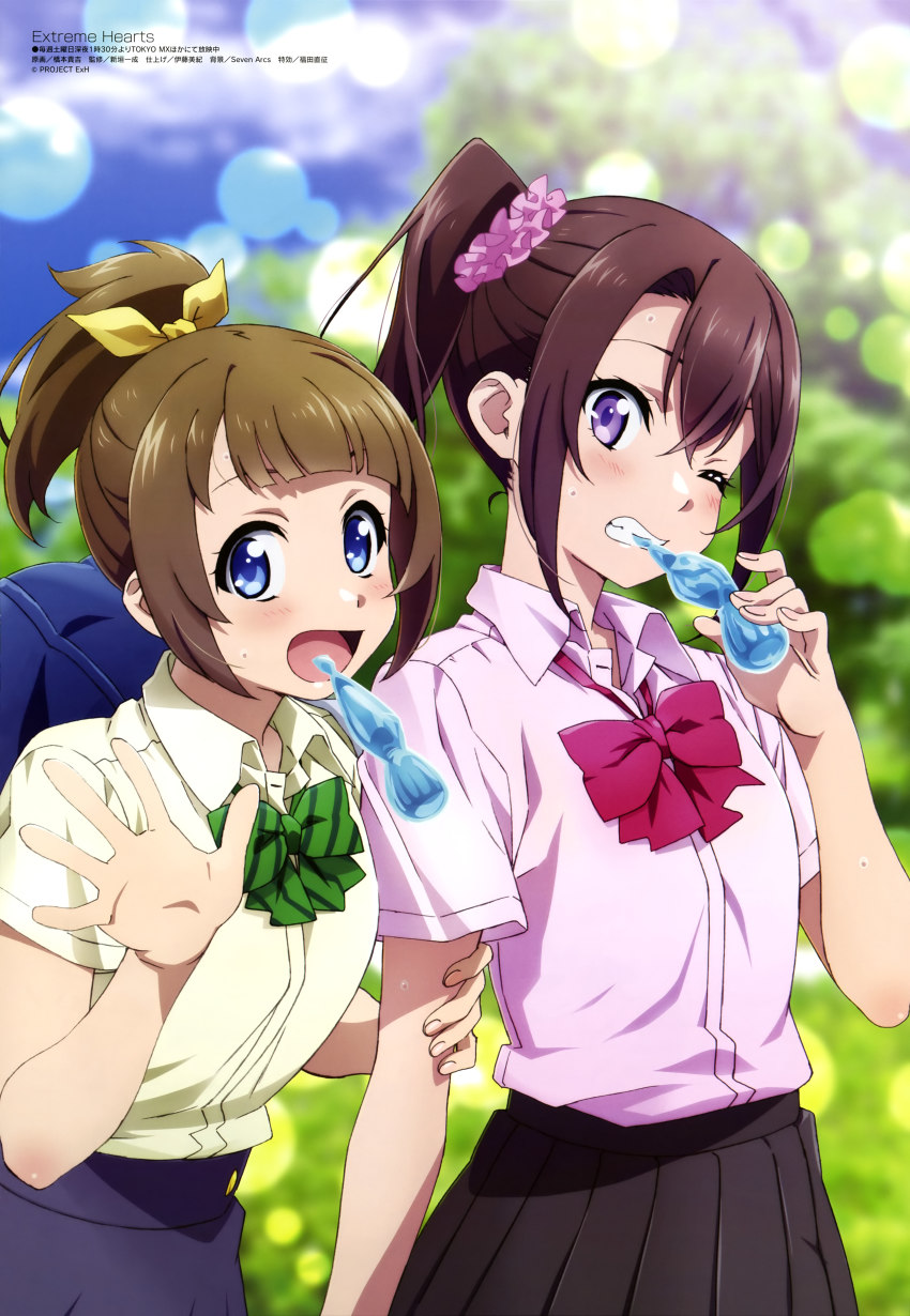 2girls, absurdres, arm_grab, bag, black_skirt, blue_eyes, blue_skirt, blunt_bangs