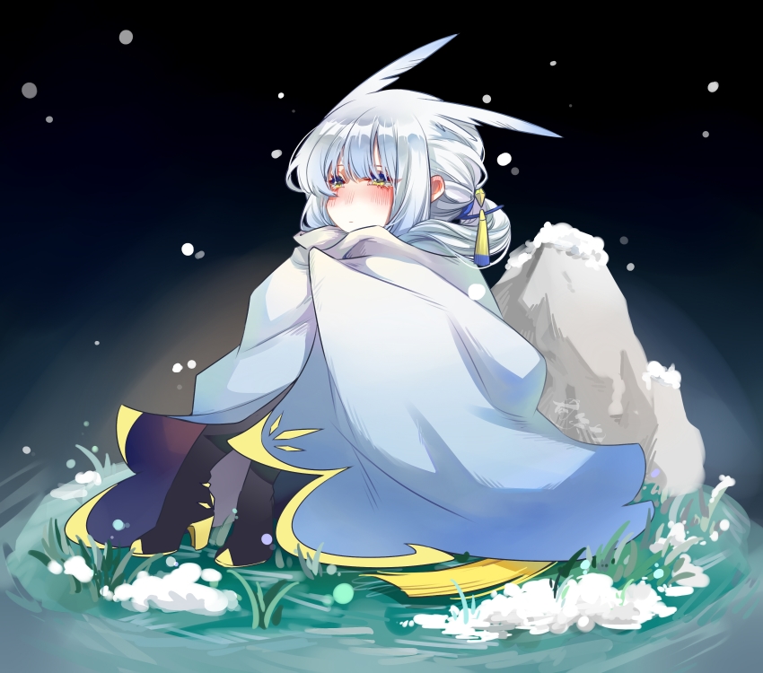 1boy, absurdres, bishounen, blue_eyes, cape, ganshijiu, grey_hair, highres