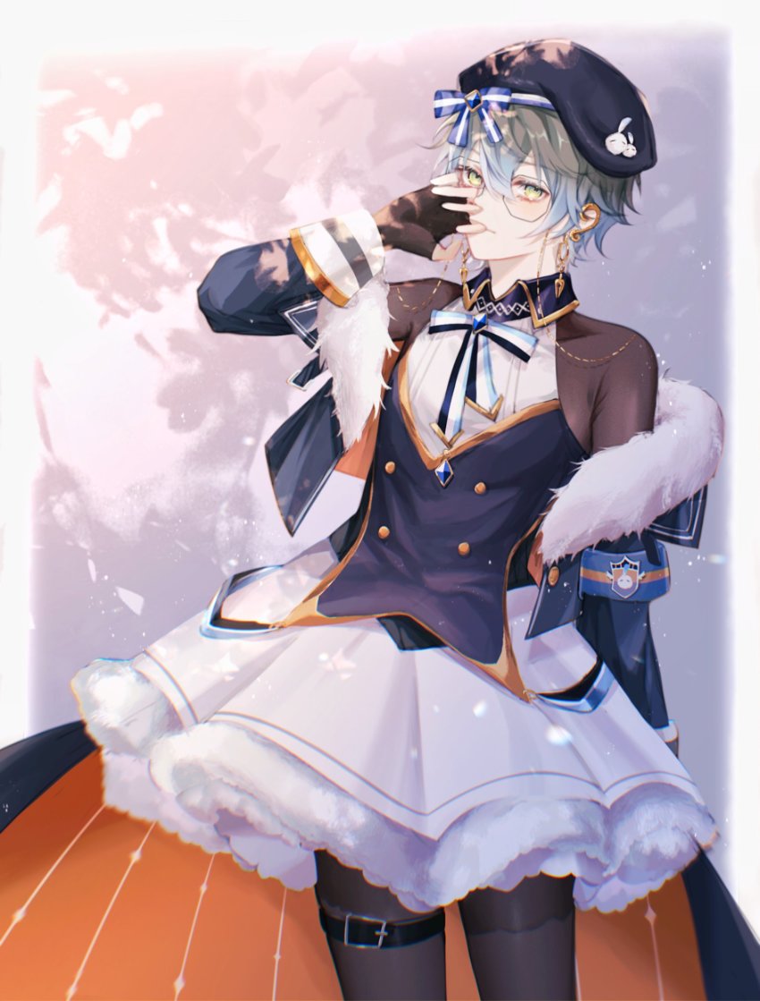 1boy, belt, beret, black_belt, black_bodysuit, black_coat, black_dress, black_gloves