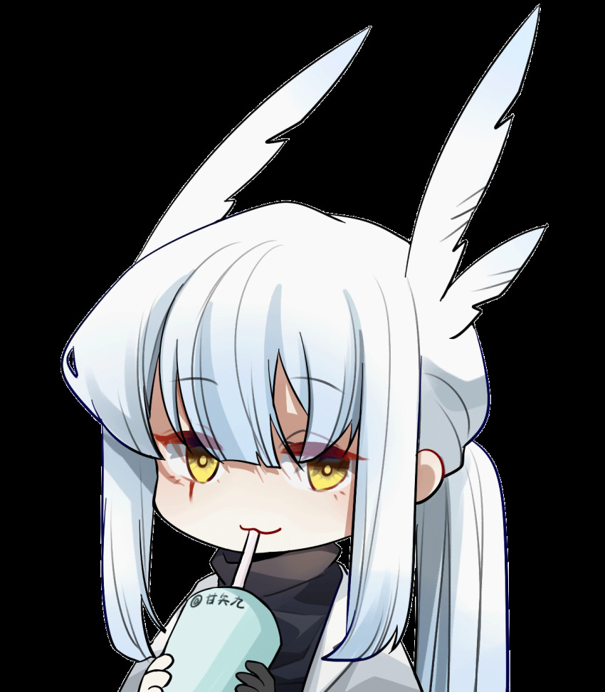 1boy, animated, animated_gif, chibi, drink, ganshijiu, grey_hair, highres, looking_at_viewer, mimizuku_(sky:_children_of_the_light), pointy_hair, ponytail, sky:_children_of_the_light, solo, white_background, white_hair, yellow_eyes