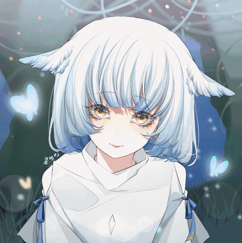 1girl, animated, animated_gif, blue_butterfly, blunt_bangs, blurry, bokeh, bug