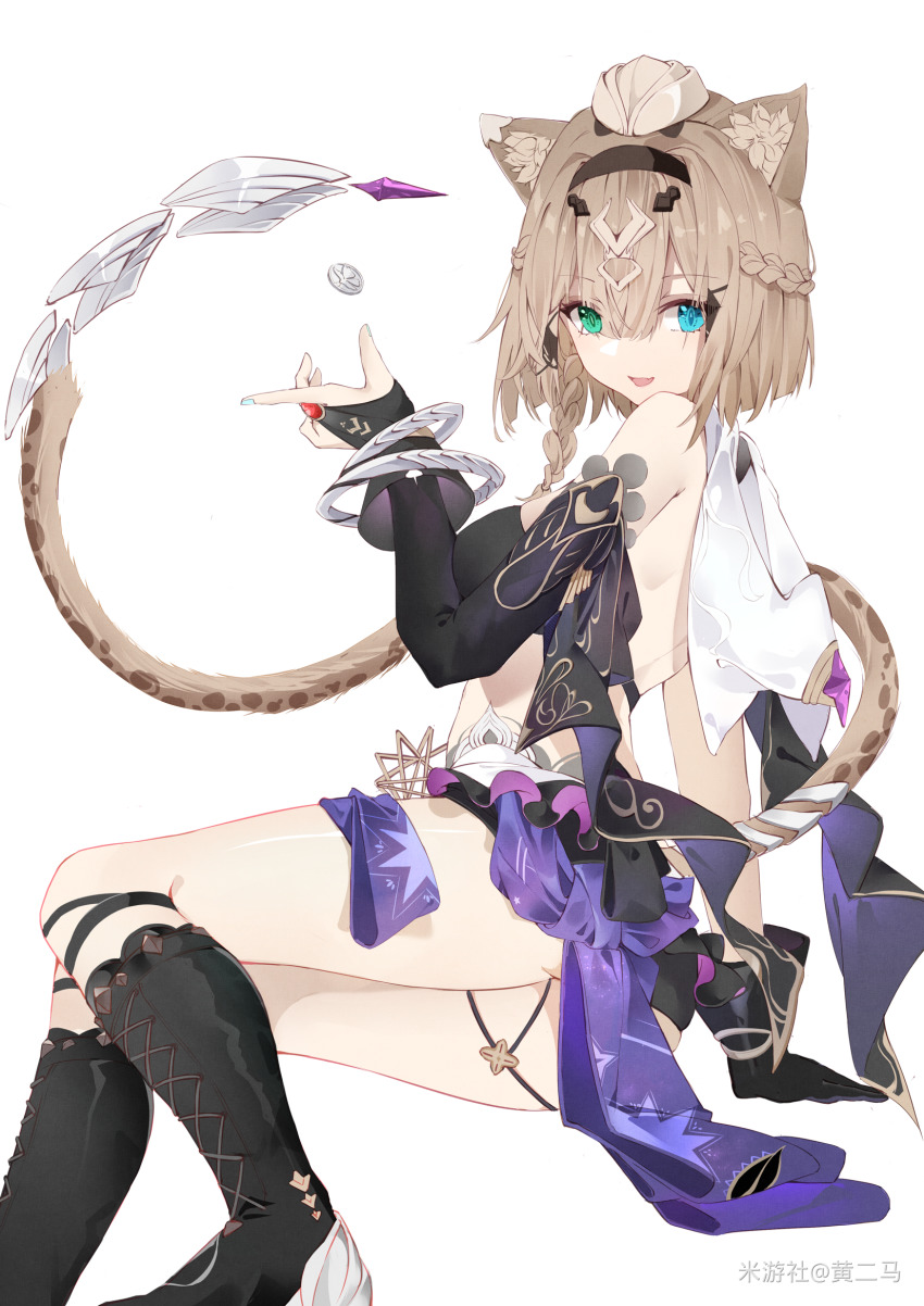 1girl, :d, animal_ears, asymmetrical_gloves, bikini, bikini_top_only, black_bikini, black_boots