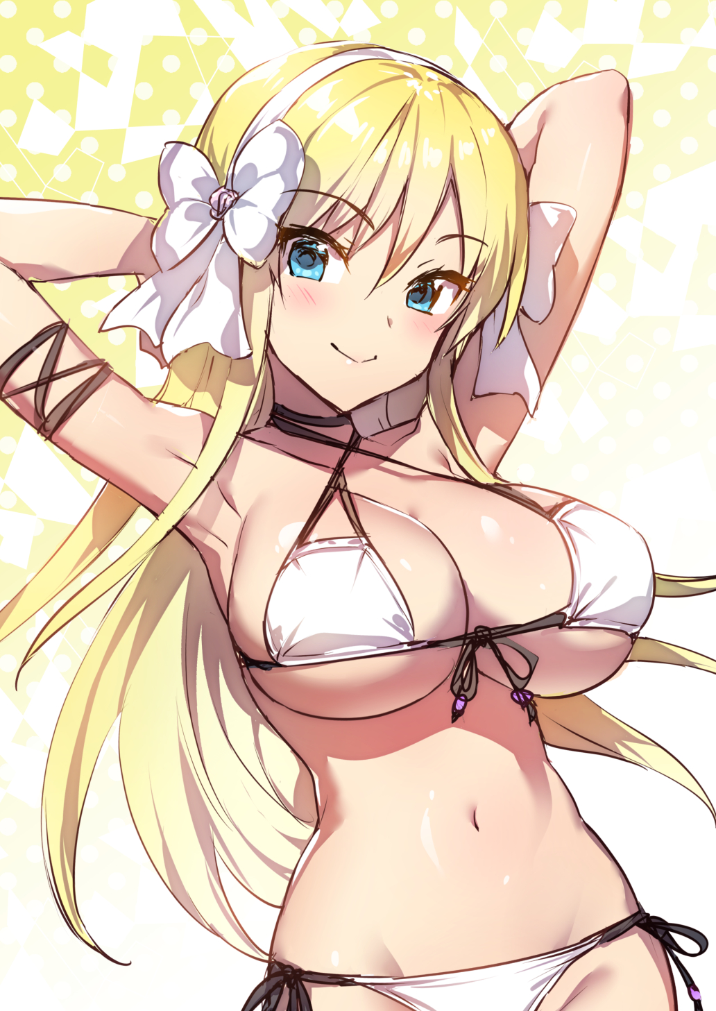 1girl, arm_strap, armpits, arms_behind_head, arms_up, bikini, black_ribbon, blonde_hair, blue_eyes, bow, breasts, cleavage, closed_mouth, collarbone, cowboy_shot, criss-cross_halter, front-tie_bikini_top, front-tie_top, gradient_background, hair_bow, hairband, halterneck, highres, hisasi, irodorimidori, large_breasts, long_hair, looking_at_viewer, navel, ogata_arishiana, ribbon, side-tie_bikini_bottom, smile, solo, stomach, swimsuit, very_long_hair, white_background, white_bikini, white_bow, white_hairband, yellow_background