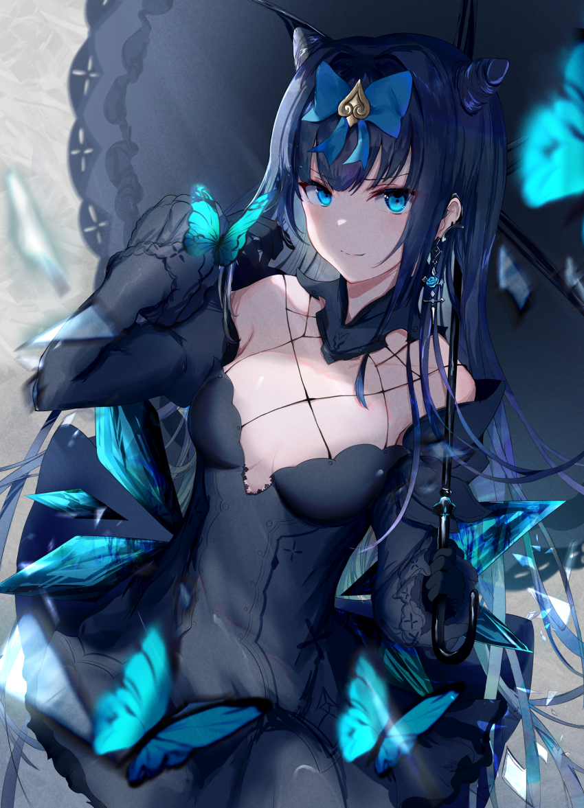 1girl, absurdres, arcaea, bare_shoulders, black_gloves, black_hair, blue_bow, blue_eyes, bow, breasts, breasts_apart, bug, butterfly, closed_mouth, collarbone, cone_hair_bun, cowboy_shot, detached_sleeves, ear_piercing, furido_(frifridress), gloves, hair_bow, hair_bun, highres, holding, holding_umbrella, insect, long_hair, long_sleeves, looking_at_viewer, medium_breasts, piercing, smile, solo, tairitsu_(arcaea), tairitsu_(tempest)_(arcaea), umbrella, v-shaped_eyebrows, very_long_hair