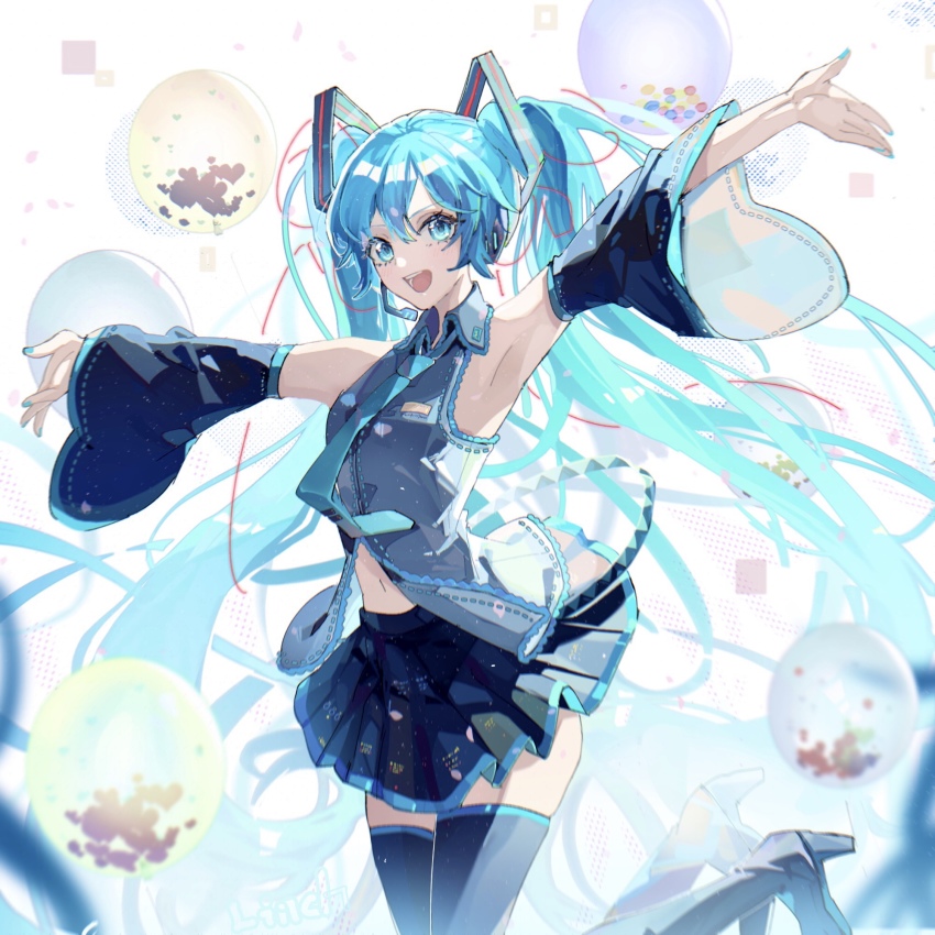 1girl, :d, aqua_eyes, aqua_hair, armpits, bare_shoulders, black_skirt, black_thighhighs