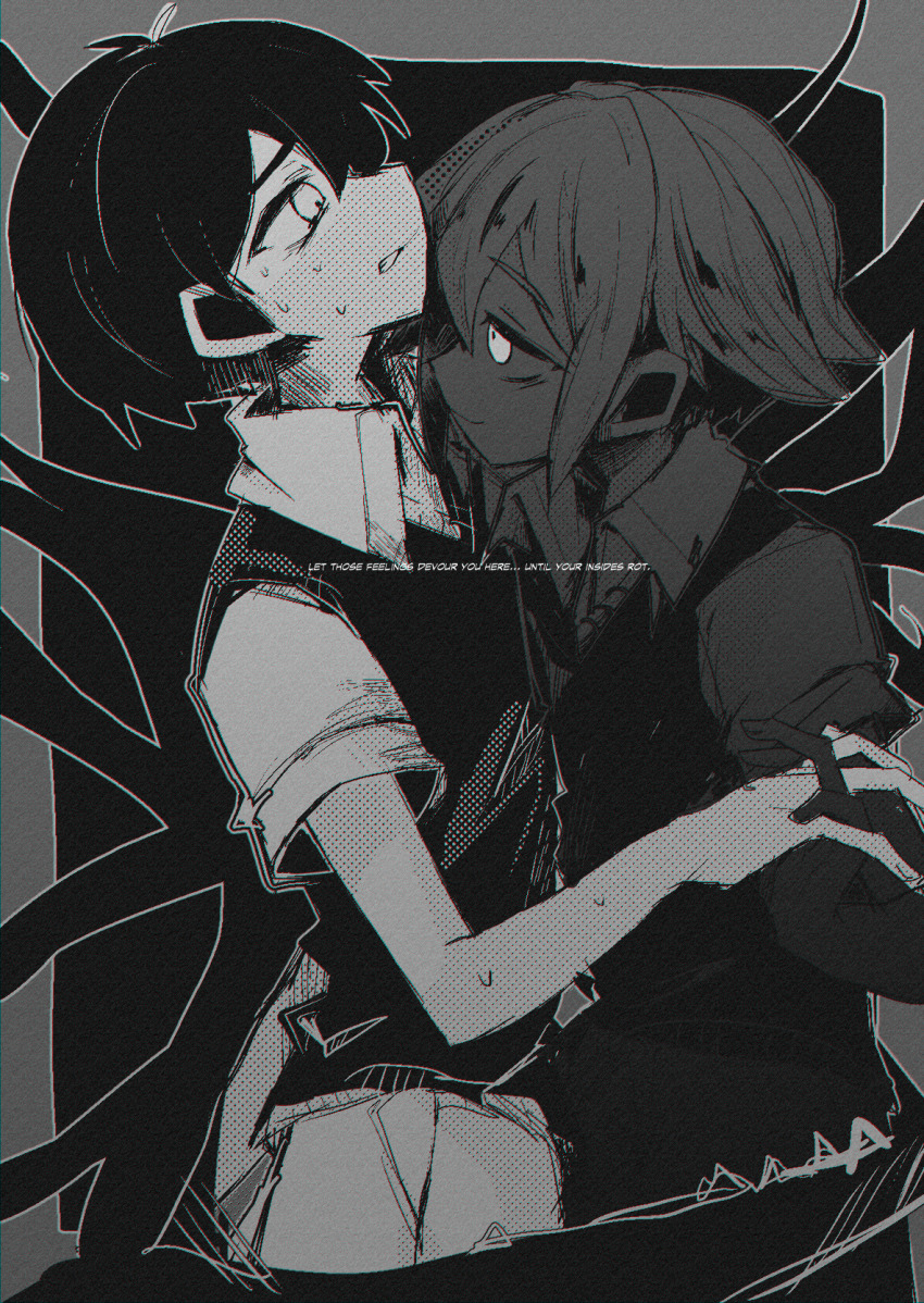 2boys, basil_(faraway)_(omori), basil_(omori), closed_mouth, collared_shirt, english_text, fjsk, greyscale