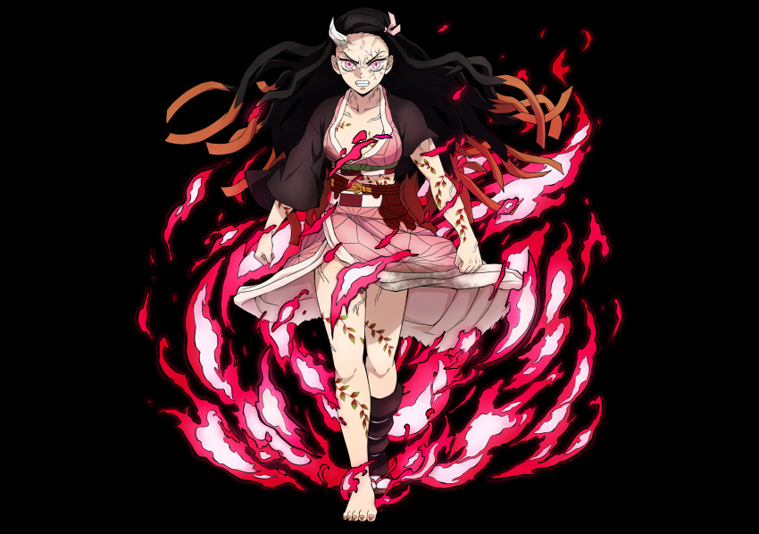 1girl, black_hair, breasts, demon_girl, dt501061, fire, floating_hair, haori