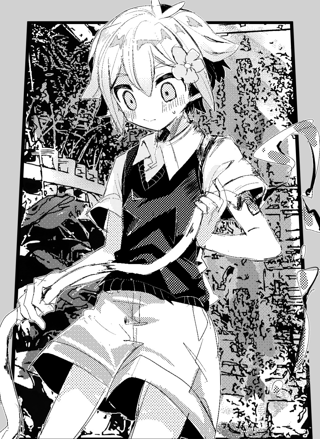 1boy, basil_(faraway)_(omori), basil_(omori), blush, closed_mouth, collared_shirt, fjsk, flower