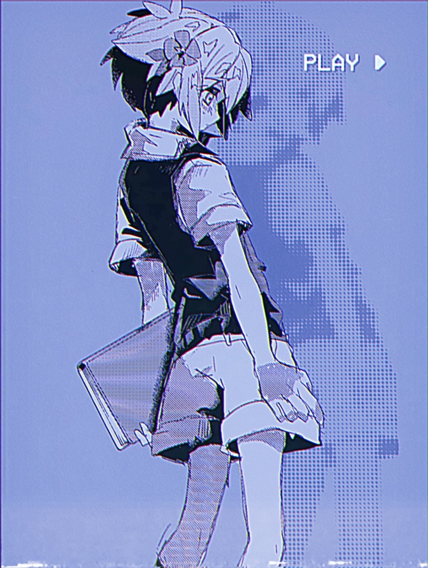 1boy, basil_(faraway)_(omori), basil_(omori), book, closed_mouth, collared_shirt, fjsk, flower, from_behind, greyscale, hair_flower, hair_ornament, highres, holding, holding_book, looking_away, monochrome, omori, shirt, short_hair, short_sleeves, shorts, solo, sweater_vest