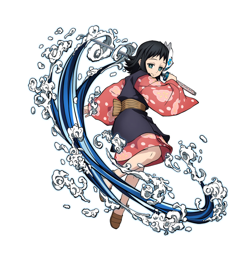 aqua_eyes, black_hair, blush, child, closed_mouth, cowboy_shot, floral_print, fox_mask