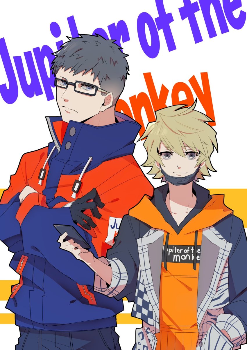 2boys, black_coat, black_gloves, black_hair, blonde_hair, blue_eyes, cellphone, closed_mouth