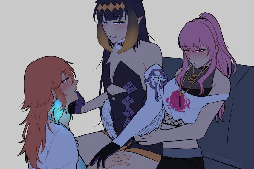 3girls, absurdres, blunt_bangs, blush, couch, detached_sleeves, earrings, feather_earrings