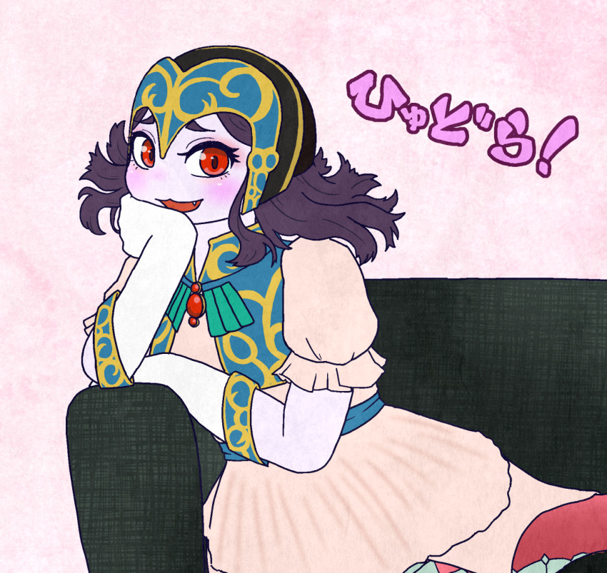 1girl, blush, fang, highres, red_eyes, reptilianne_lamia, smile, solo