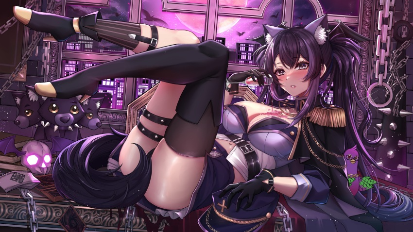 absurdres, animal_ears, asymmetrical_legwear, black_gloves, black_thighhighs, blush, boots, breasts