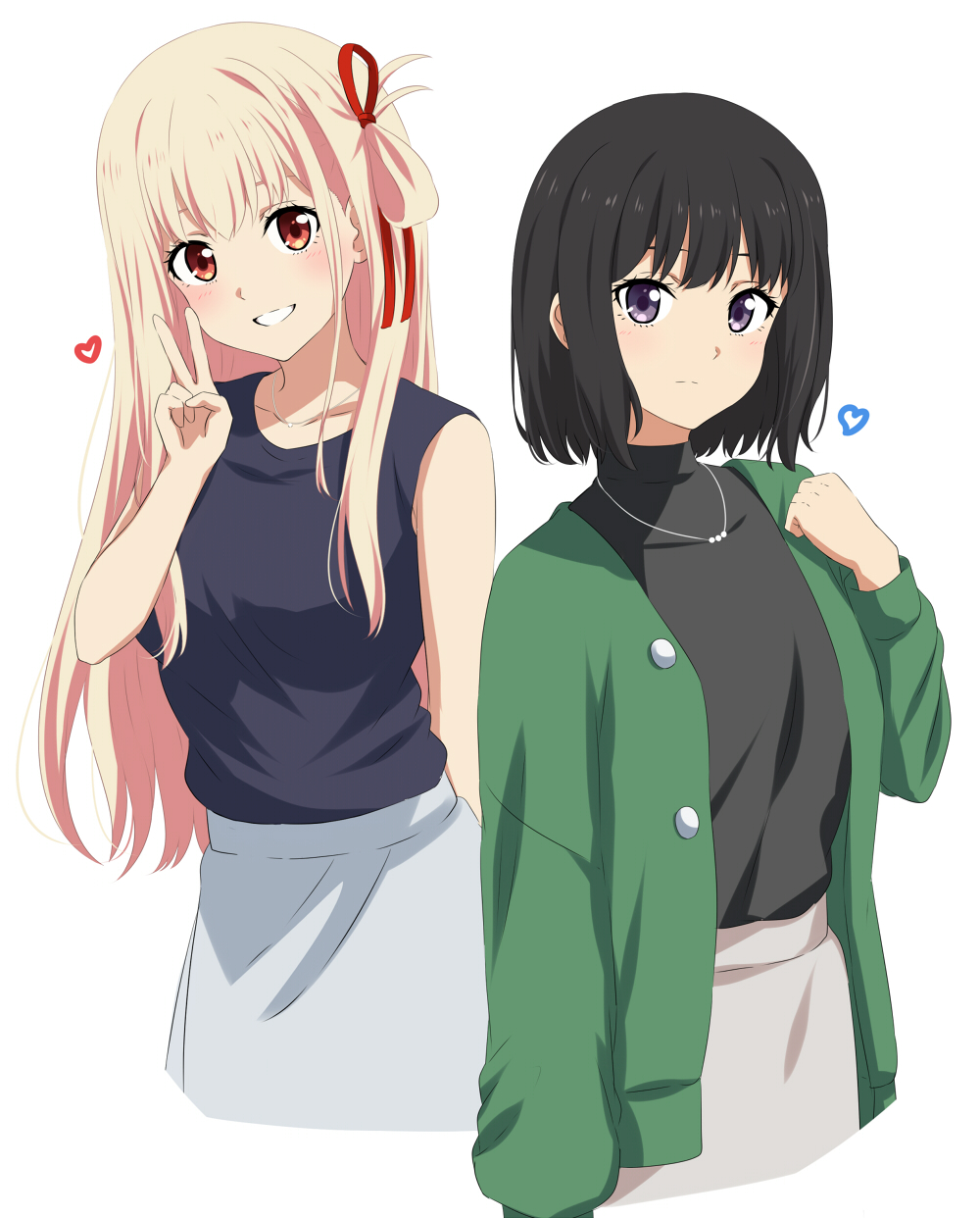 2girls, alternate_hair_length, alternate_hairstyle, black_hair, black_jacket, black_shirt, blonde_hair, blush