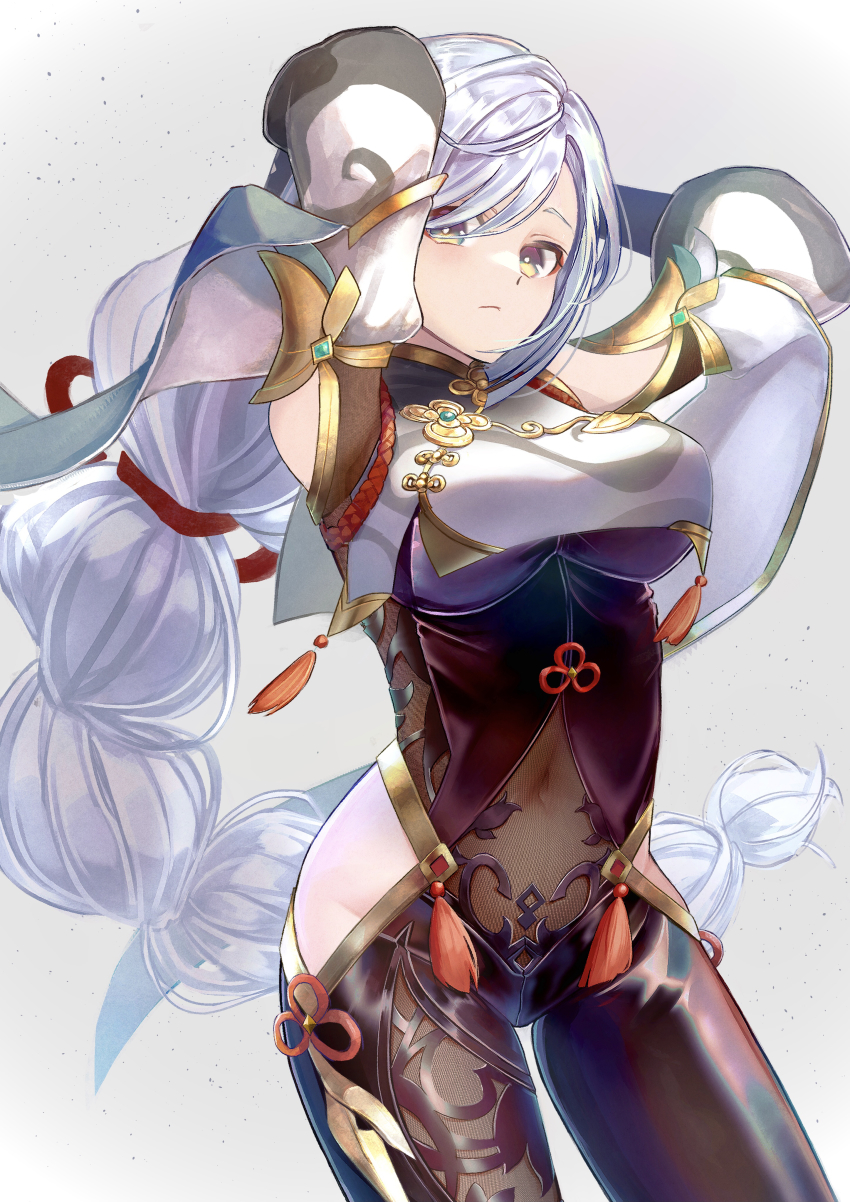 1girl, absurdres, arms_behind_head, arms_up, black_bodysuit, bodysuit, braid, single_breast_curtain